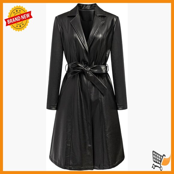 Faux Leather Trench Coat with Belt Long Sleeve Mid-Length Motorcycle Style